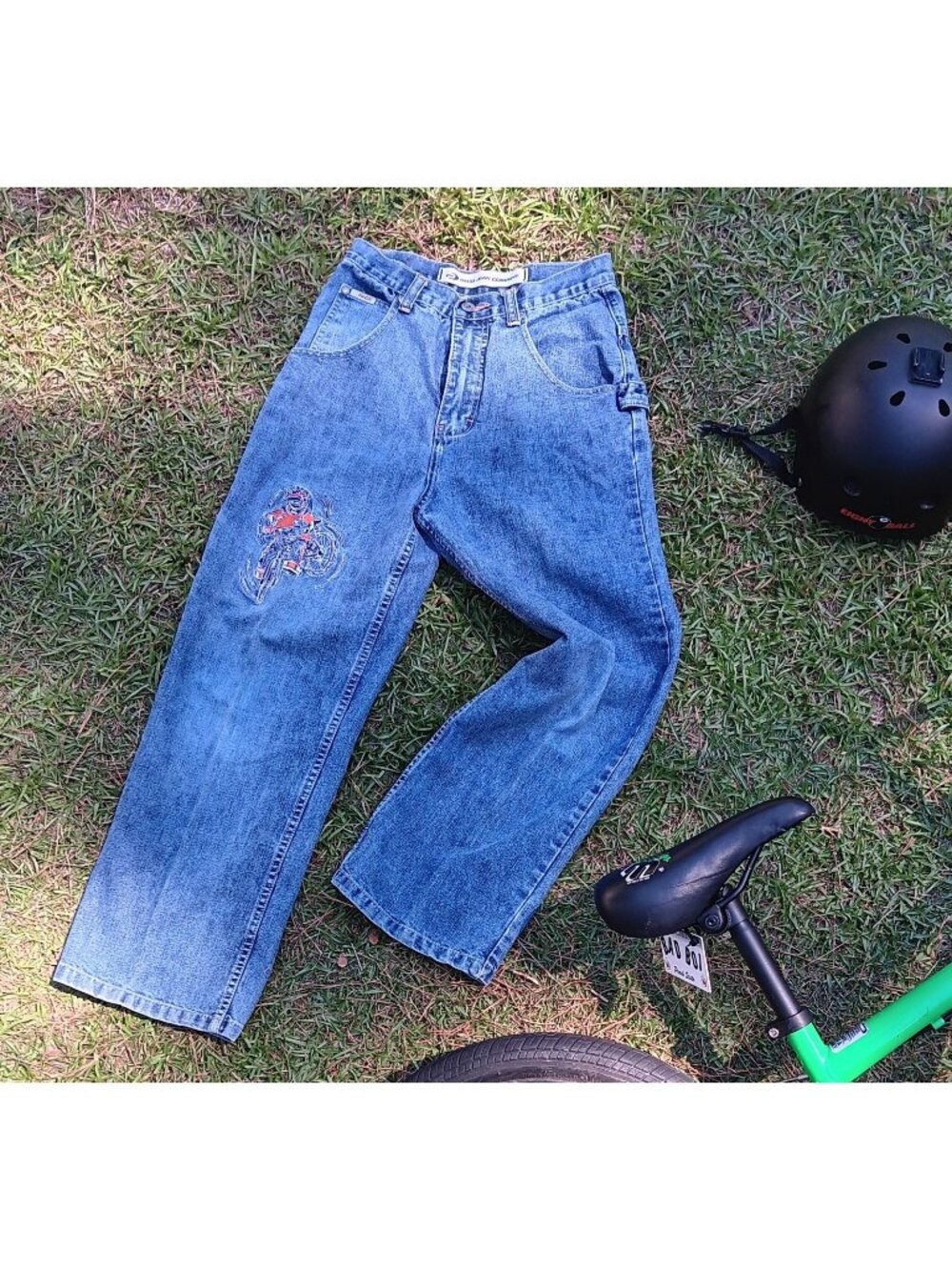 Y2K Youth Paco Jeans Medium Wash Embroidered Sz 14 BMX Carpenter Champions Sport